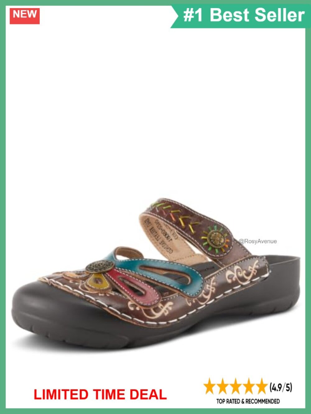 L'Artiste Women's Copa Leather Flat Sandal Hook & Loop Cushioned Slip-On Casual